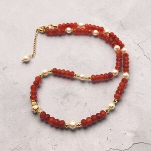 Elegant Red Bead and Pearl Women's Necklace - Gold Accents